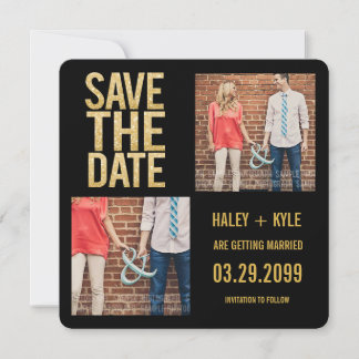 ブラック&ゴールドのグリッターを使用したSave the Date フォトカード 招待状