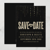 ブラック＆ゴールドのグリッター風デザイン Save The Dates セーブザデート (正面/裏面)