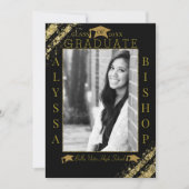 ブラック＆ゴールドのグリッター フォト 卒業 卒業生, オリジナルのテキストと写真でカスタマイズ 招待状 (正面)