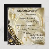 ブラック＆ゴールドのシャンパンシルク結婚式 案内状 (正面/裏面)