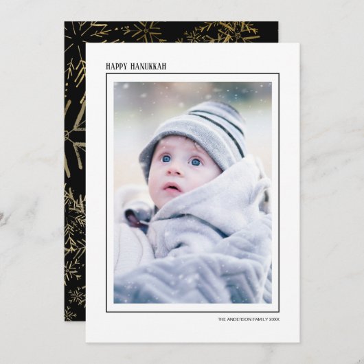 ブラック&ゴールドのスノーフレーク ハヌカ 祝賀 家族写真 シーズンカード (正面/裏面)