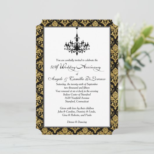 ブラック、ゴールドのダマスク、シャンデリア 50周年 招待状 (スタンド正面)