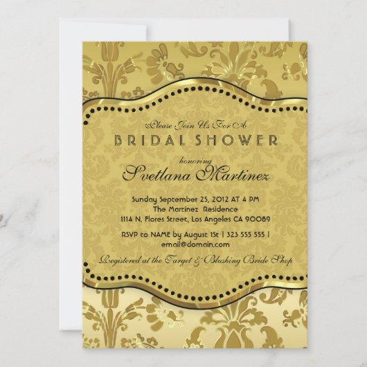 ブラック＆ゴールドのダマスク ブライダルシャワーの招待状 招待状 (正面)