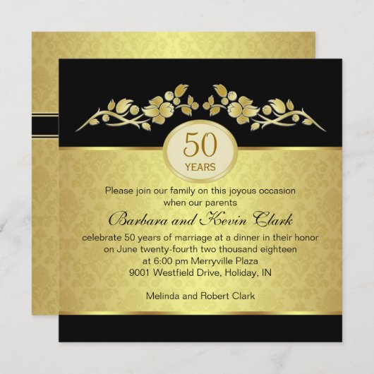 ブラック&ゴールドのダマスク 50周年結婚記念日 招待状 (正面/裏面)