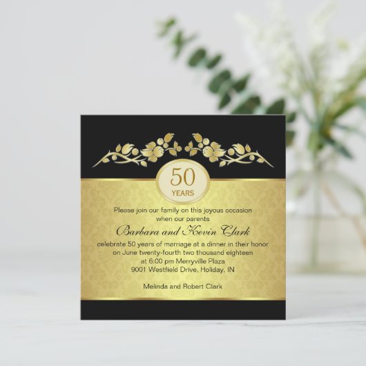 ブラック&ゴールドのダマスク 50周年結婚記念日 招待状 (スタンド正面)