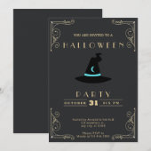 ブラック&ゴールドのチョークボード風ハロウィンハットと月 招待状 (正面/裏面)