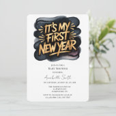 ブラック&ゴールドのベビーシャワー おめでとう 初めての新年 招待状 (スタンド正面)