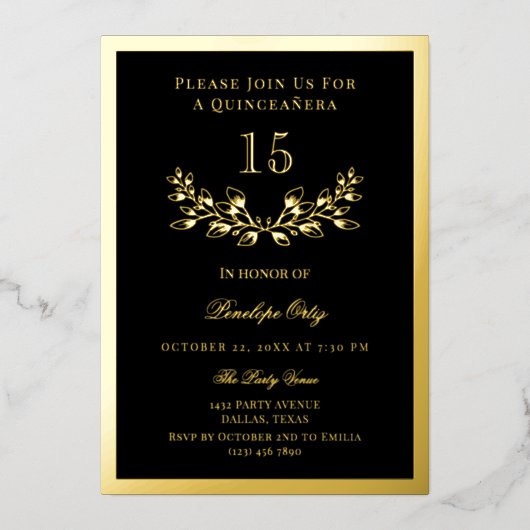 ブラック＆ゴールドのホイルの花輪 キンセアニエラ 箔招待状 (正面)