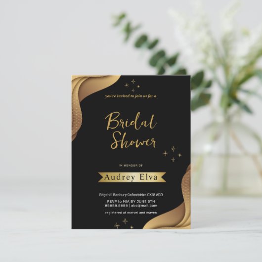 ブラック＆ゴールドのミニマルな結婚前パーティー招待状 招待状 (スタンド正面)