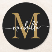 ブラック&ゴールドのモノグラム名前エレガントスクリプト ラウンドペーパーコースター (正面)