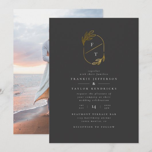 ブラック＆ゴールドのモノグラム | ミニマルな結婚式の写真 招待状 (正面/裏面)