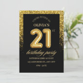 ブラック＆ゴールドのラメ 21歳の誕生日パーティー 招待状 (スタンド正面)