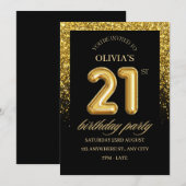 ブラック＆ゴールドのラメ 21歳の誕生日パーティー 招待状 (正面/裏面)