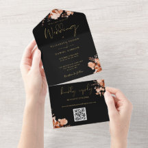 ブラック＆ゴールドのレトロフラワーQRコードの秋の結婚式