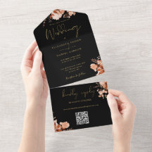 ブラック＆ゴールドのレトロフラワーQRコードの秋の結婚式