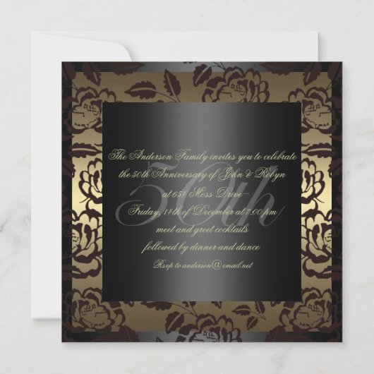 ブラック&ゴールドのローズ 50周年 結婚記念日 招待状 (裏面)