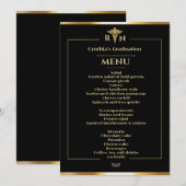 ブラック＆ゴールドの医学卒業ディナーメニュー 招待状 (正面/裏面)