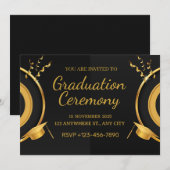 ブラック＆ゴールドの卒業式 招待状 (正面/裏面)