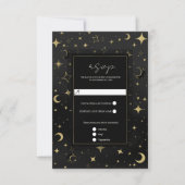 ブラック＆ゴールドの天体月と星の結婚式の返信はがき 出欠カード (正面)