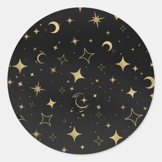 ブラック&ゴールドの天体月と星の結婚式 ラウンドシール (正面)