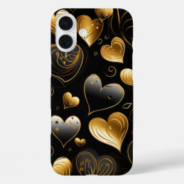 ブラック＆ゴールドの抽象的なバレンタインラブハート iPhone 16 PLUSケース