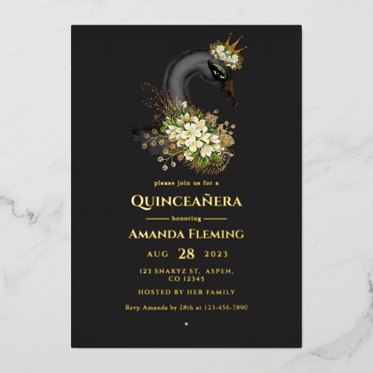 ブラック&ゴールドの白鳥のQuinceañeraホイル招待状 箔招待状 (正面)