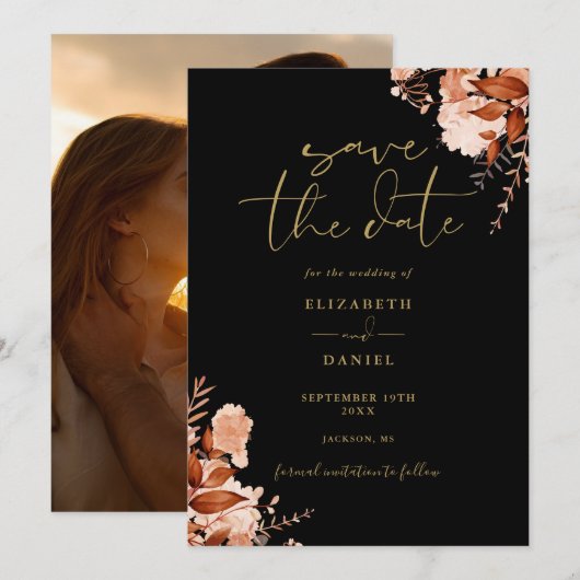 ブラック&ゴールドの秋のレトロな花の写真の結婚式 セーブザデート (正面/裏面)