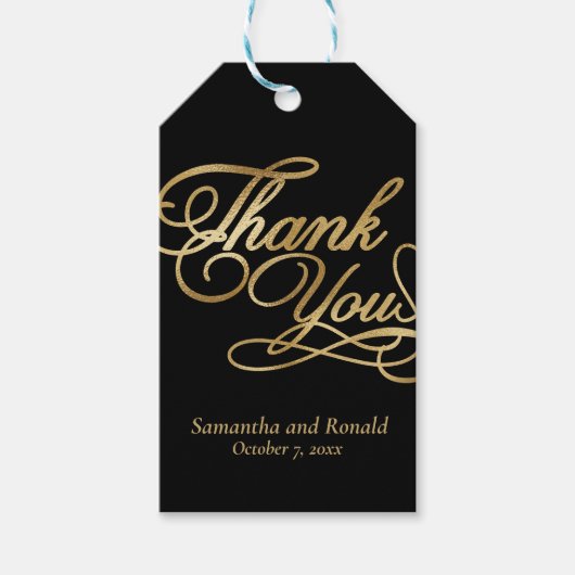 ブラック&ゴールドの箔押し感謝のカリグラフィー結婚式 ギフトタグ (正面)