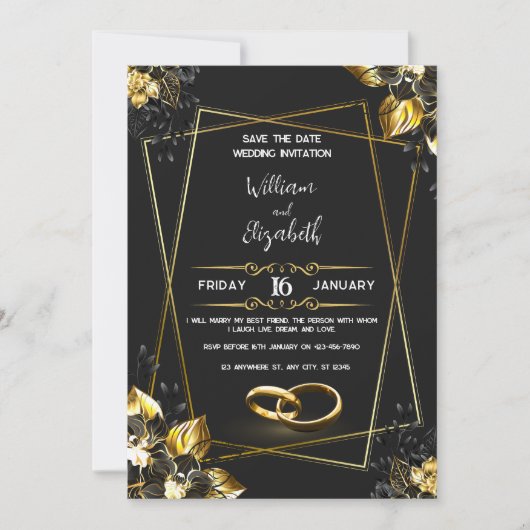 ブラック&ゴールドの結婚式招待状カード 招待状 (正面)