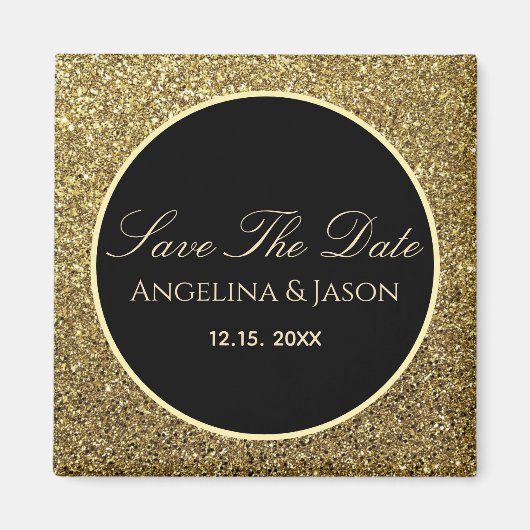 ブラック＆ゴールドの結婚式Save The Date マグネット (正面)