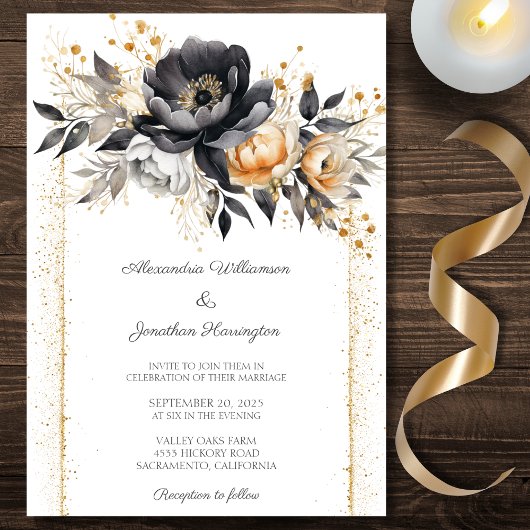 ブラック＆ゴールドの芍薬のウェディング 招待状