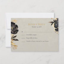 ブラック＆ゴールドの芍薬の結婚式RSVPカード