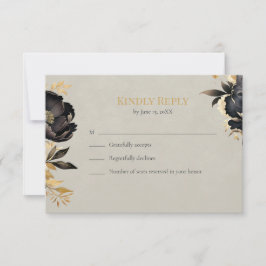 ブラック&ゴールドの芍薬の結婚式RSVPカード 出欠カード