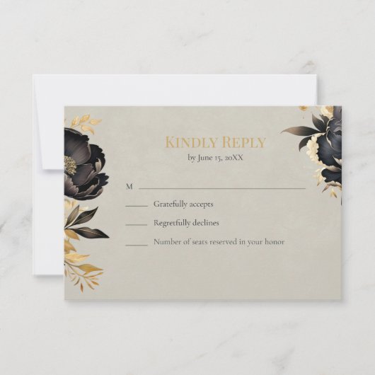 ブラック＆ゴールドの芍薬の結婚式RSVPカード 出欠カード (正面)