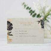 ブラック＆ゴールドの芍薬の結婚式RSVPカード 出欠カード (スタンド正面)