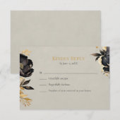 ブラック＆ゴールドの芍薬の結婚式RSVPカード 出欠カード (正面/裏面)