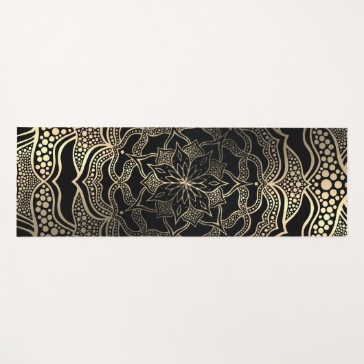 ブラック＆ゴールドの花モチーフの美しいマンダラ ヨガマット (正面(横))