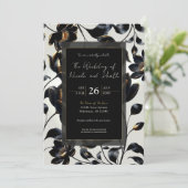 ブラック＆ゴールドの花柄グレージュのウェディング 招待状 (スタンド正面)