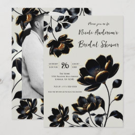 ブラック＆ゴールドの花柄グレージュの結婚前お茶会 招待状