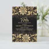 ブラック+ゴールドの華やかな花 フラワー 70歳の誕生日 招待状 (スタンド正面)