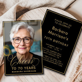 ブラック&ゴールドの誕生日おめでとう 70歳の記念写真 招待状