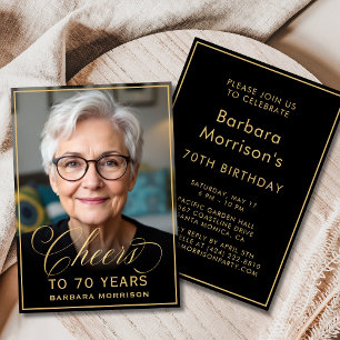 ブラック&ゴールドの誕生日おめでとう 70歳の記念写真 招待状