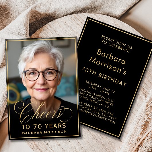 ブラック&ゴールドの誕生日おめでとう 70歳の記念写真 招待状