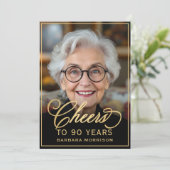 ブラック&ゴールドの誕生日「90年の軌跡に乾杯」写真 招待状 (スタンド正面)