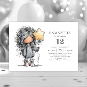 ブラック+ゴールドの9歳の誕生日パーティー お茶目な女の子  招待状