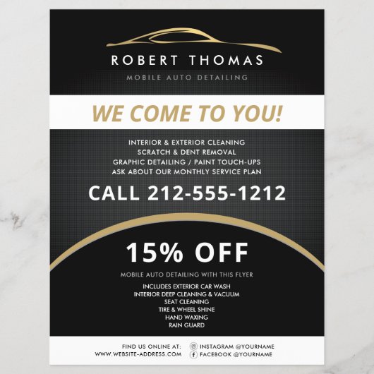 ブラック&ゴールドオートディテイリング、カーワッシュフライヤー チラシ (正面)