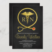 ブラック＆ゴールドグリッター看護学校卒業 招待状 (正面/裏面)