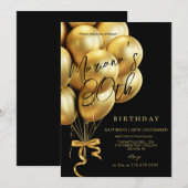 ブラック&ゴールドバルーンリボン 誕生日パーティー 招待状 (正面/裏面)