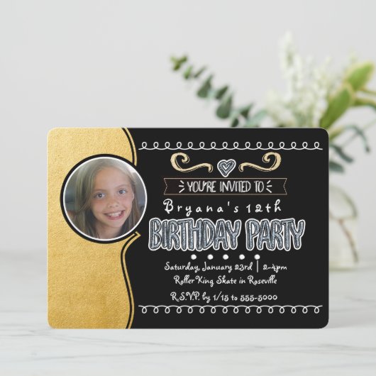 ブラック&ゴールドフォイルガールズ誕生日フォト招待状 招待状 (スタンド正面)