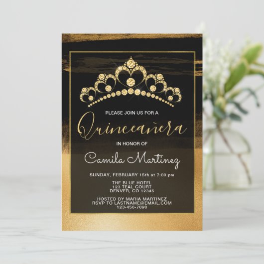 ブラック&ゴールドフォイルキンセアニェラとダイヤモンドティアラ 招待状 (スタンド正面)